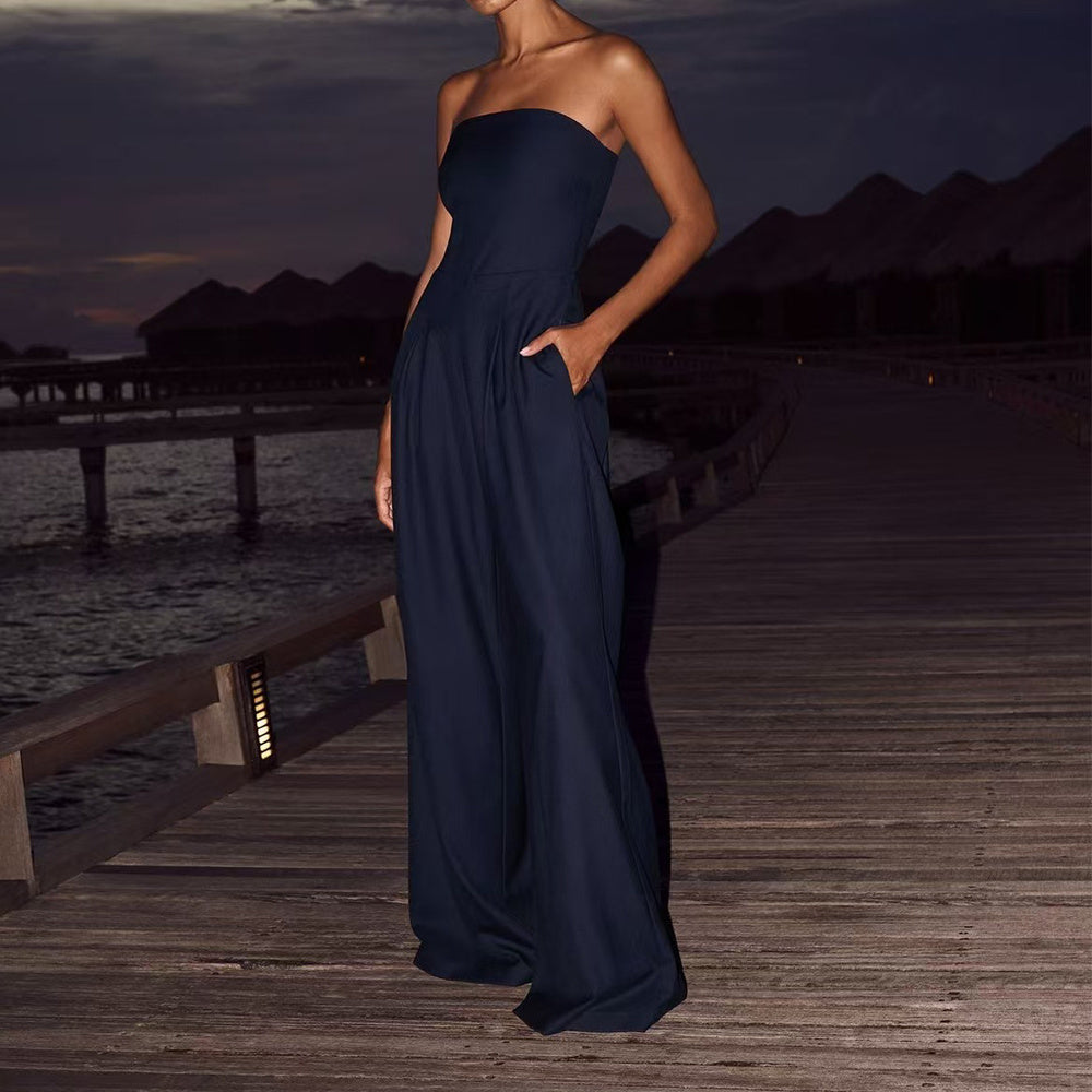 Strapless Jumpsuit, Backless Wide-Leg Tube Top Overalls