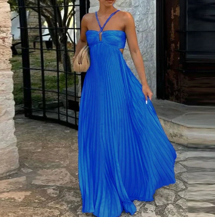 Pleated Sleeveless Sling Dress Hollow High Waist Halter