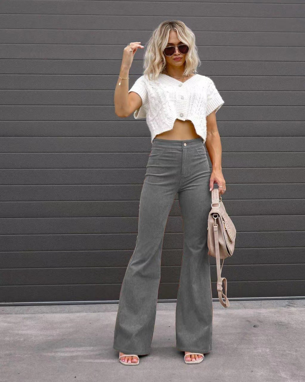 Corduroy Flared Pants Mid-Waist Slim Fit Bell-Bottom Trousers
