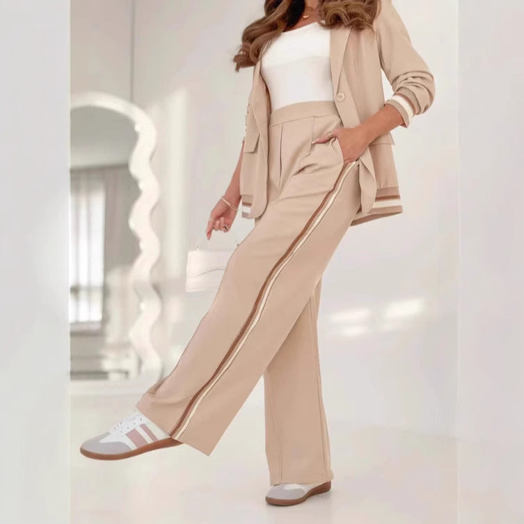 2-Piece Suit Set Long Sleeve Blazer & High-Waist Wide Leg Pants
