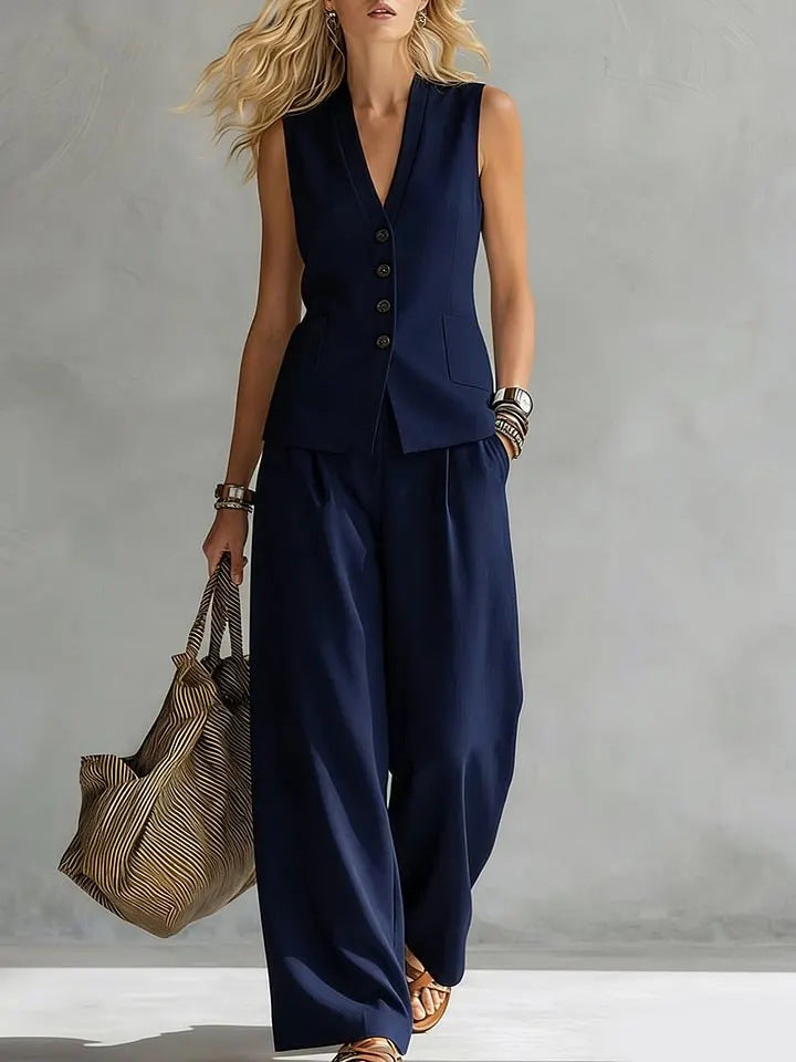 Solid-Colored Sleeveless Casual Linen Tank Top And Pants Set