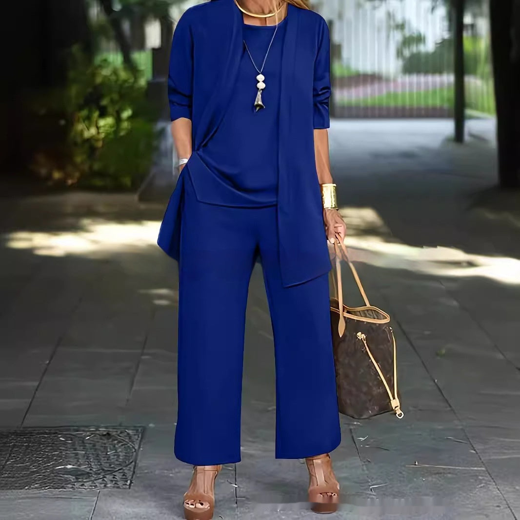 3-Piece Solid Color Suit Sleeveless Vest, Long Cardigan & Wide-Leg Pants