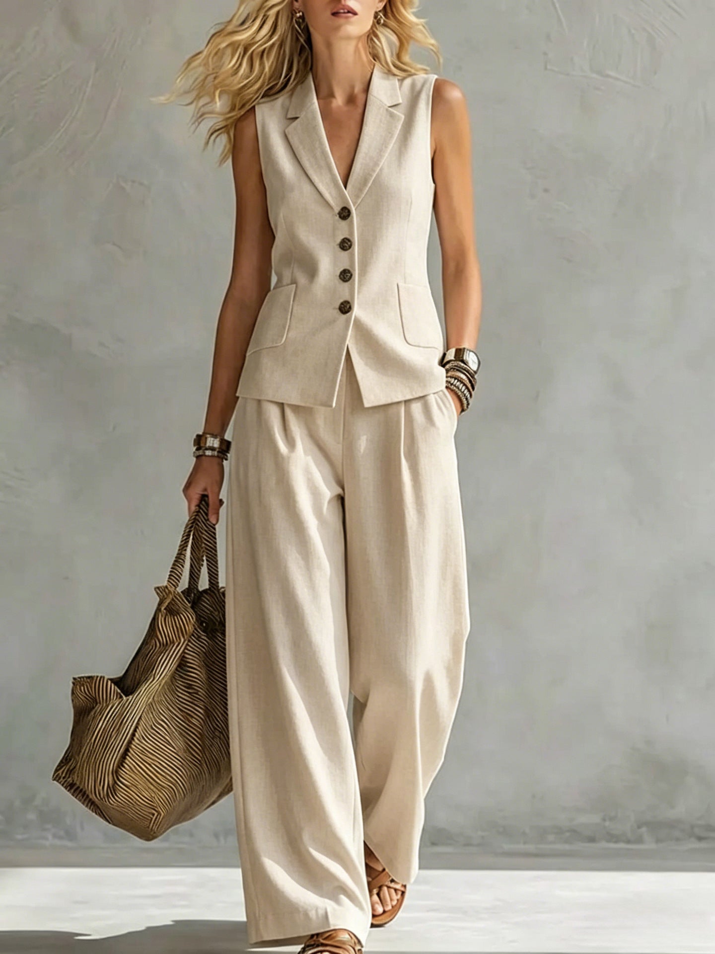Solid-Colored Sleeveless Casual Linen Tank Top And Pants Set