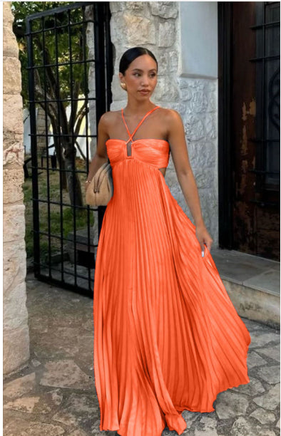 Pleated Sleeveless Sling Dress Hollow High Waist Halter