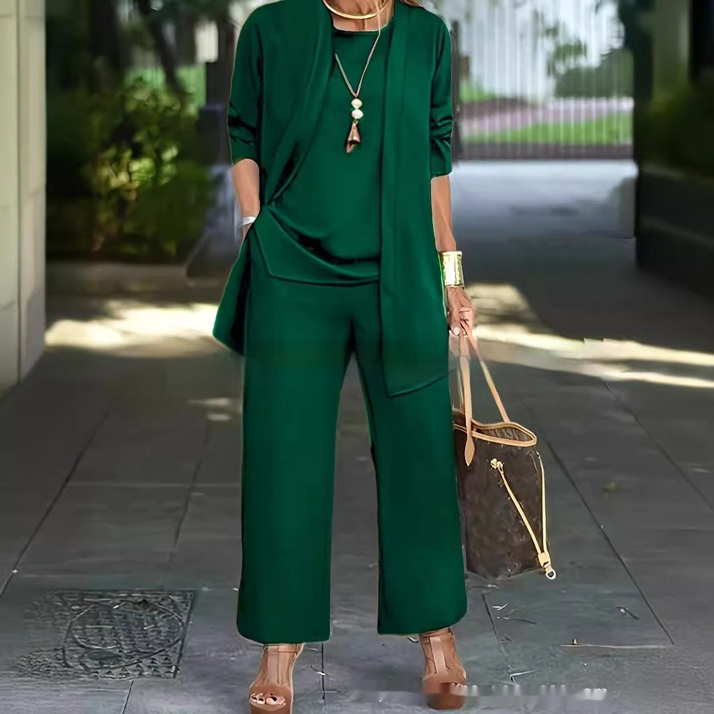 3-Piece Solid Color Suit Sleeveless Vest, Long Cardigan & Wide-Leg Pants