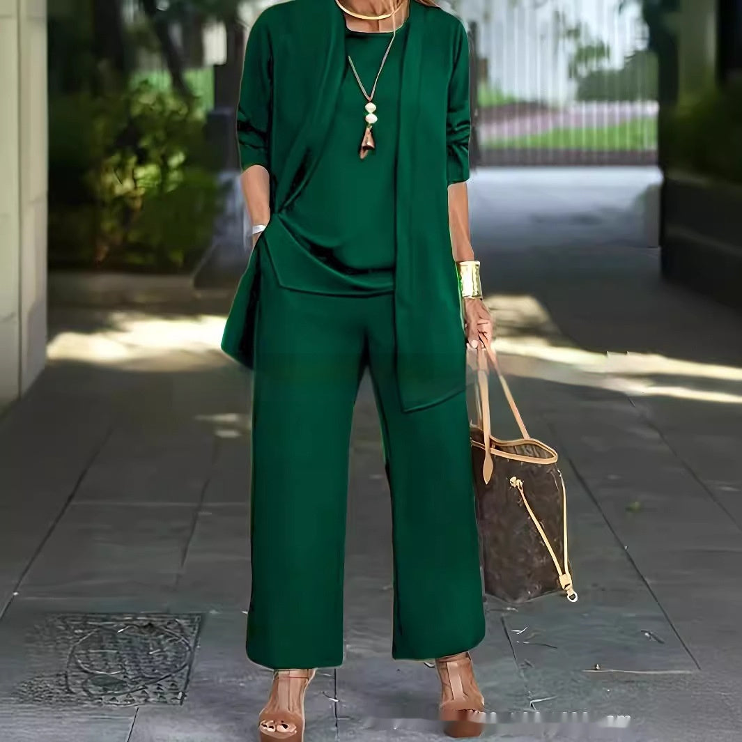 3-Piece Solid Color Suit Sleeveless Vest, Long Cardigan & Wide-Leg Pants