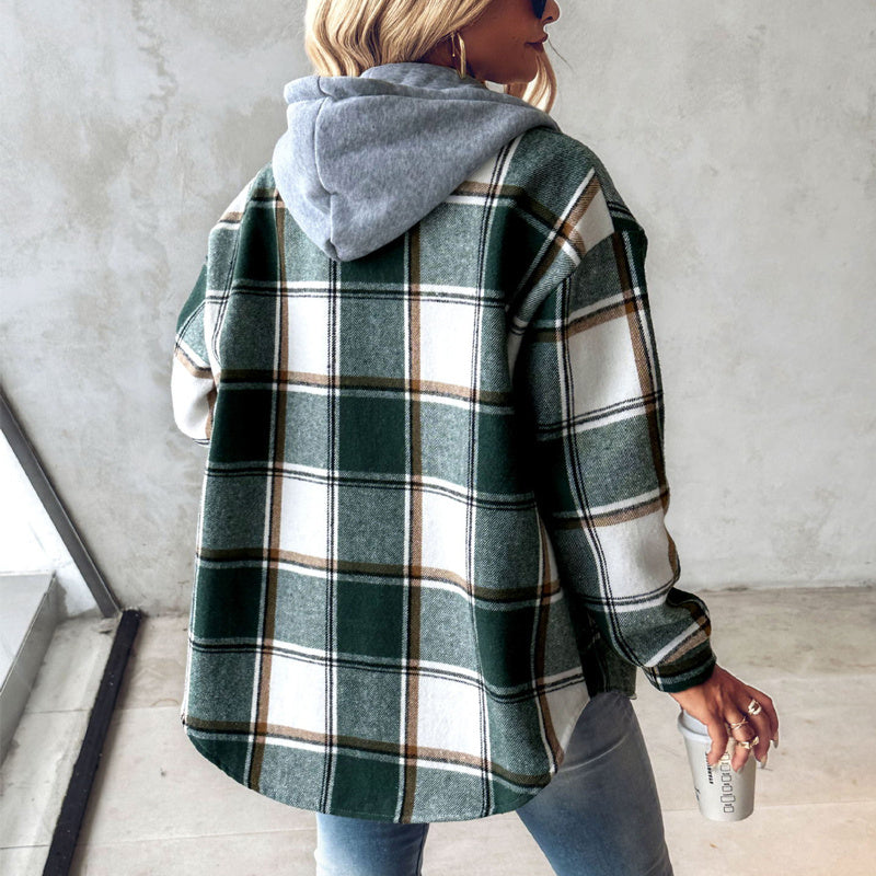 Women’s Plaid Hooded Jacket Casual Button-Up Coat with Pockets for Autumn & Winter