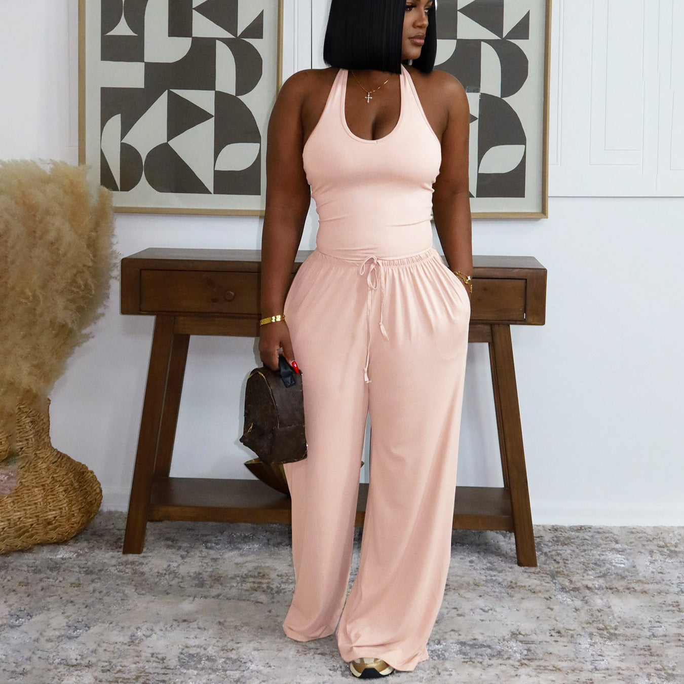 Solid Color Casual Halter Top And High-Waist Wide-Leg Pants With Pockets