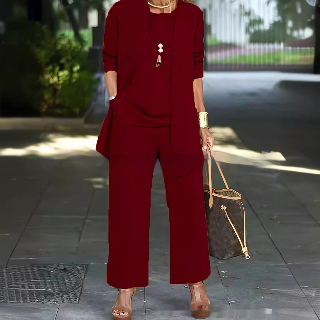 3-Piece Solid Color Suit Sleeveless Vest, Long Cardigan & Wide-Leg Pants