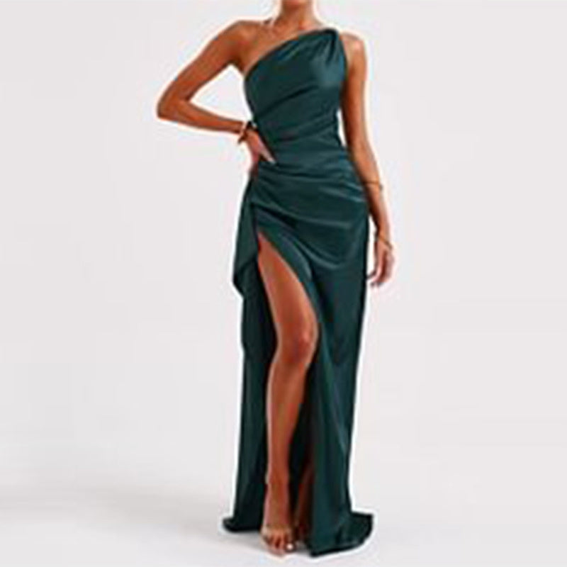 Women’s One-Shoulder Satin Slit Dress Elegant Backless Evening Party Dress
