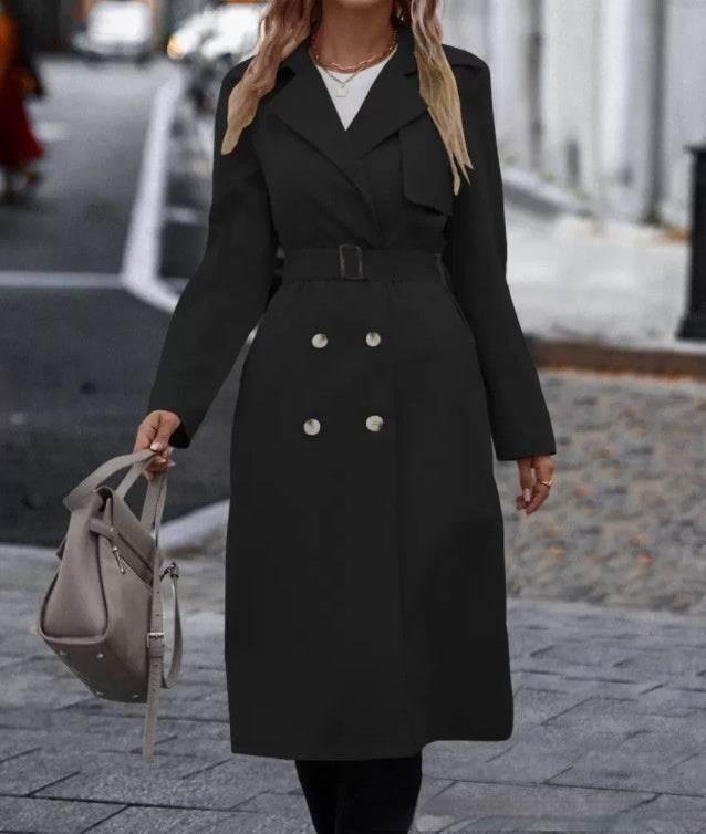 Double-Breasted Trench Coat with Belt Long Jacket