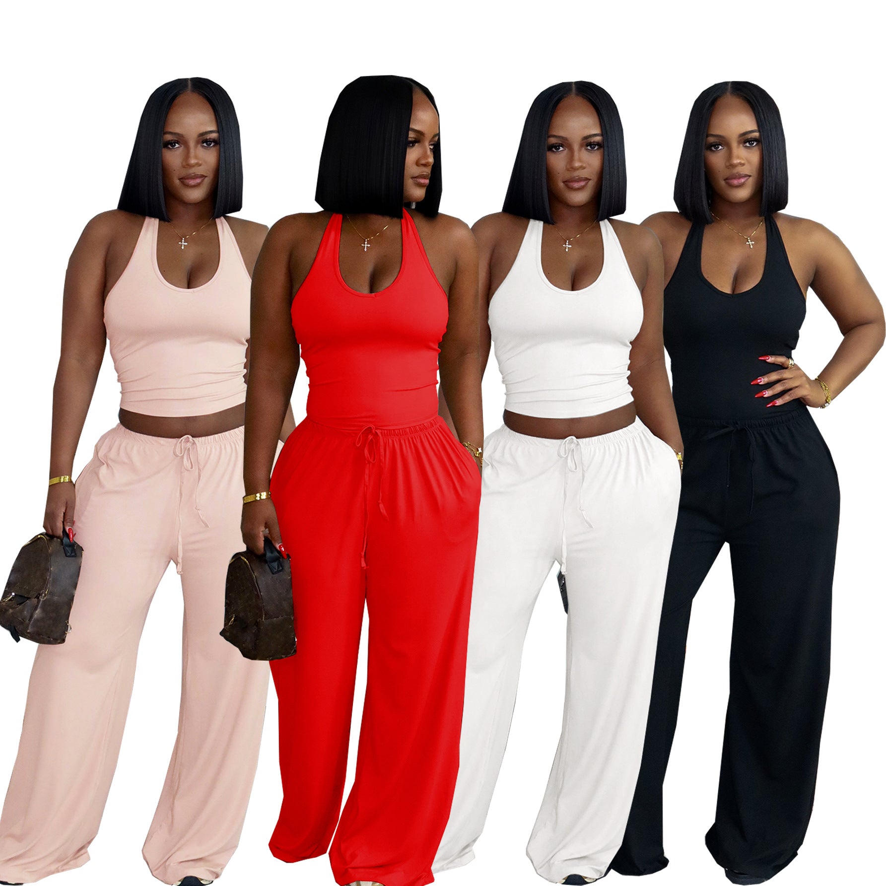 Solid Color Casual Halter Top And High-Waist Wide-Leg Pants With Pockets
