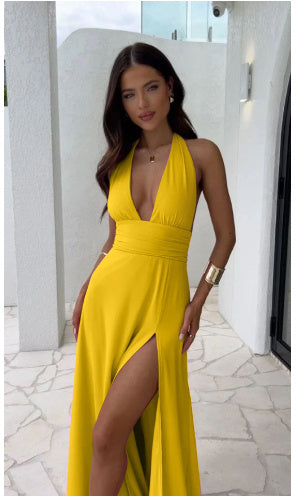 Women’s Halterneck V-Neck Slit Dress Backless Strappy Summer Maxi Dress
