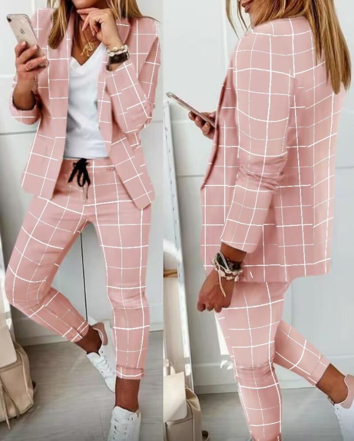 Plaid Two-Piece Suit Straight Trousers & Small Jacket Set