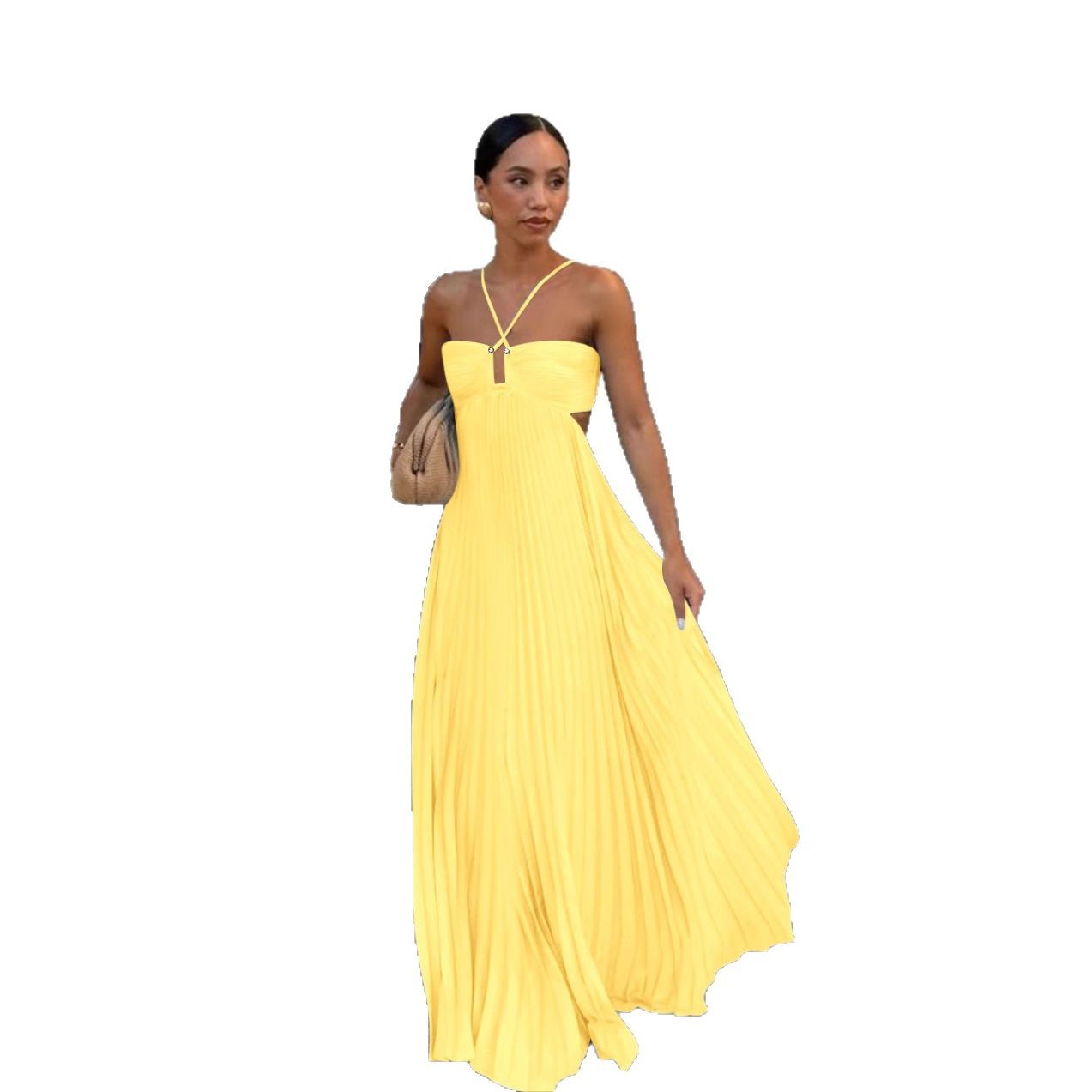 Pleated Sleeveless Sling Dress Hollow High Waist Halter