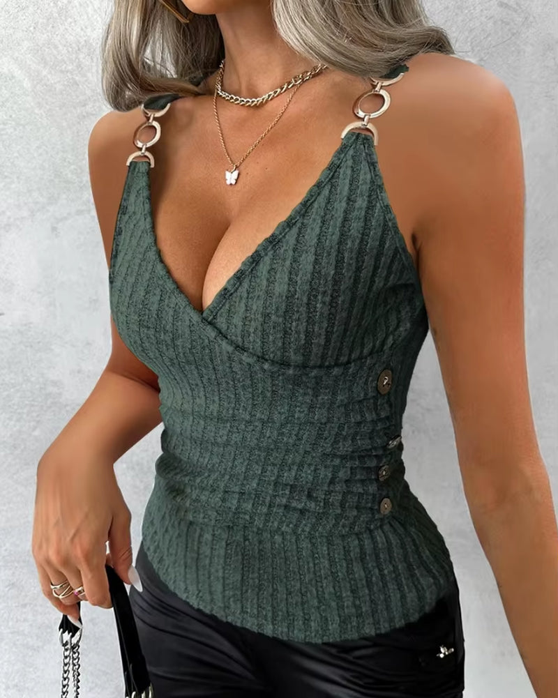 Casual V-Neck Sleeveless Plain 