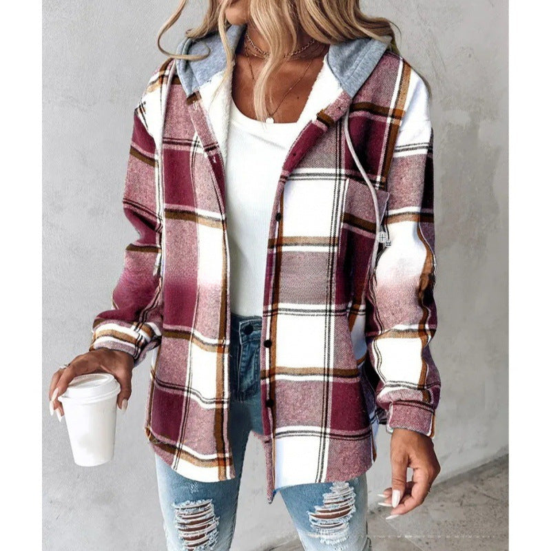 Women’s Plaid Hooded Jacket Casual Button-Up Coat with Pockets for Autumn & Winter