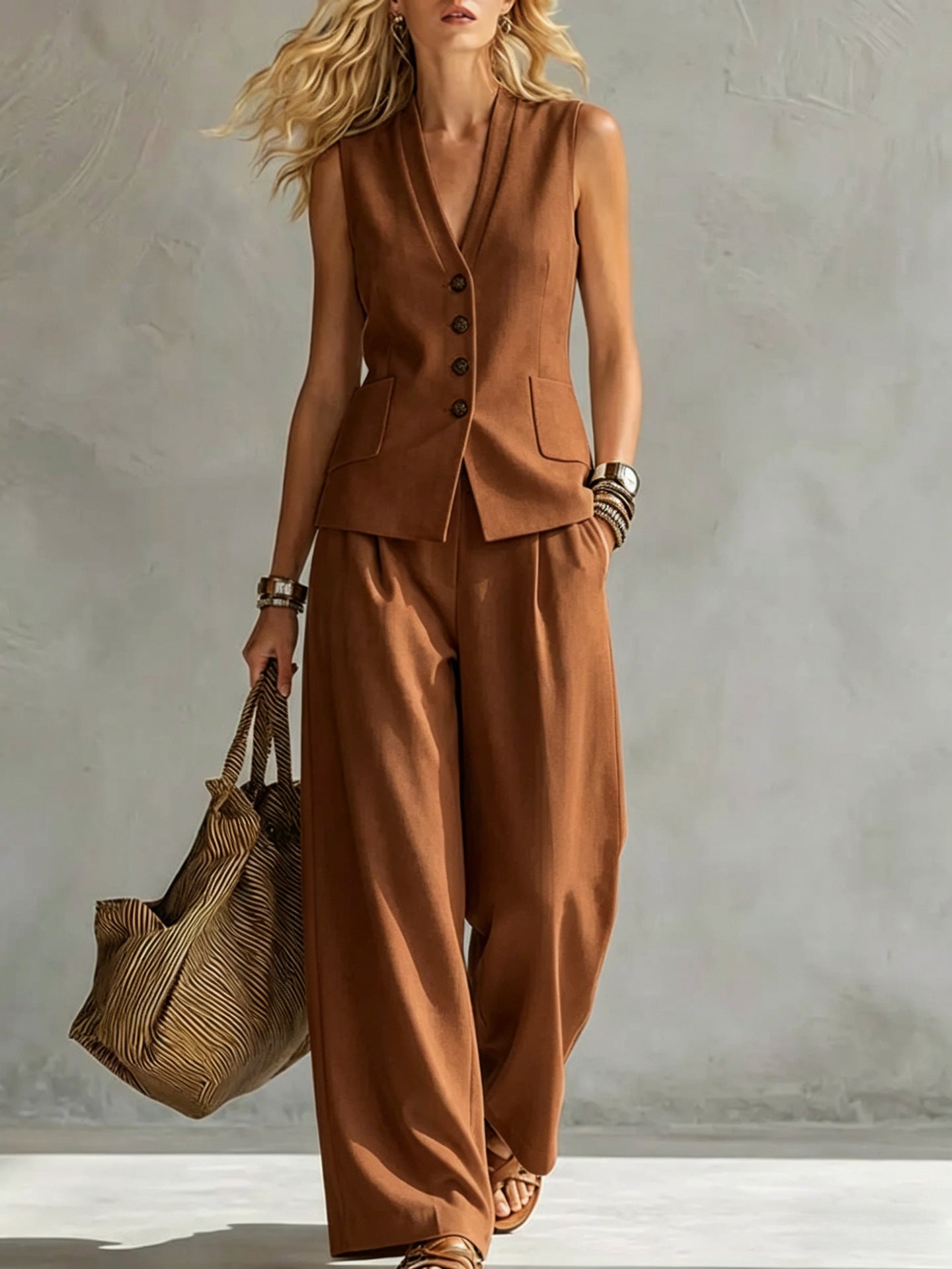 Solid-Colored Sleeveless Casual Linen Tank Top And Pants Set