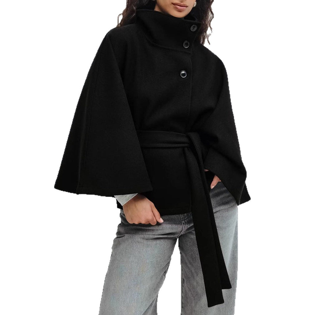 High Neck Batwing Sleeve Belted Coat