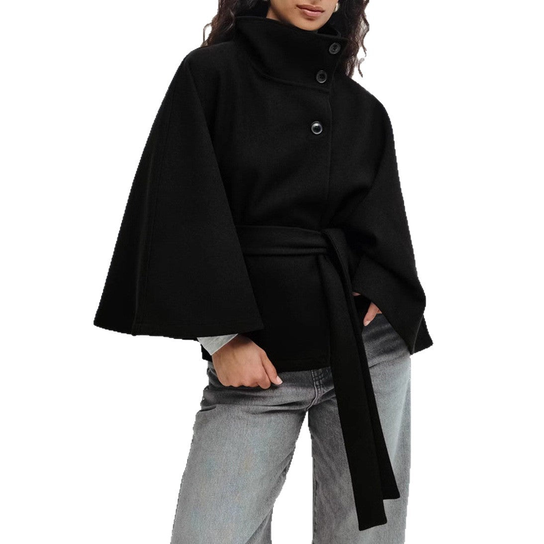 High Neck Batwing Sleeve Belted Coat