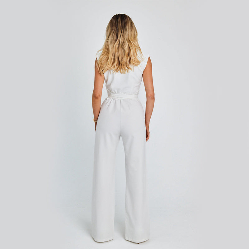 V-Neck Wide-Leg Jumpsuit, Elegant Sleeveless High-Waist Overalls