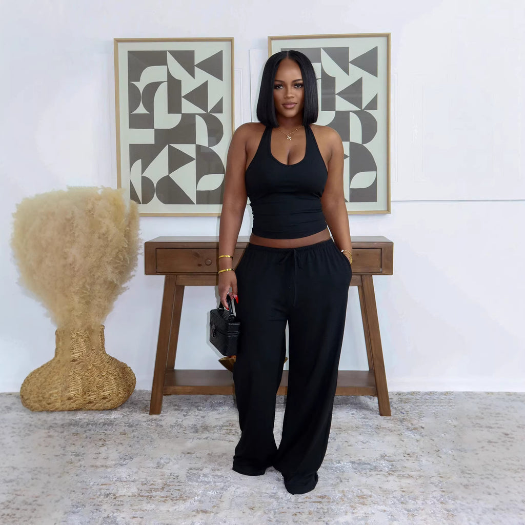 Solid Color Casual Halter Top And High-Waist Wide-Leg Pants With Pockets