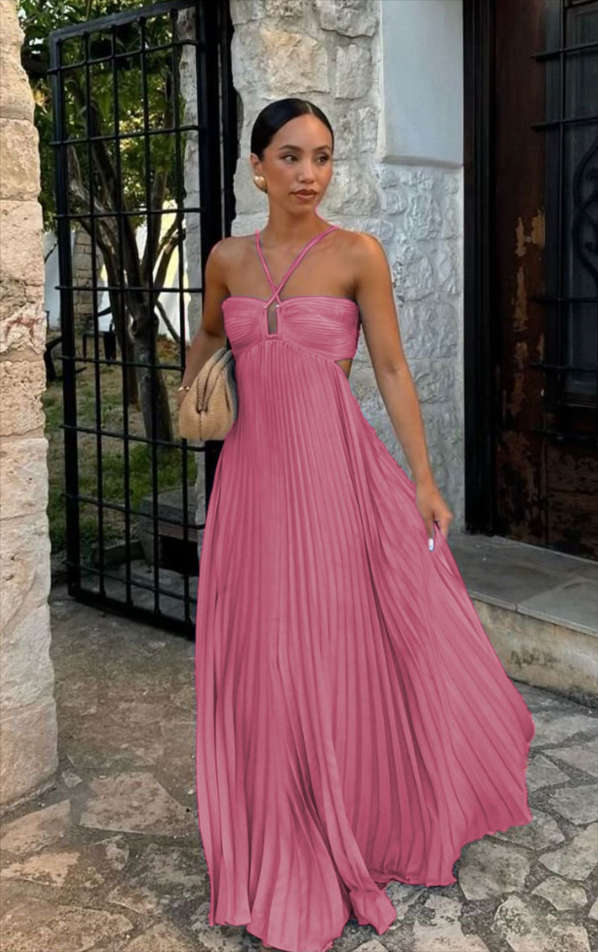 Pleated Sleeveless Sling Dress Hollow High Waist Halter
