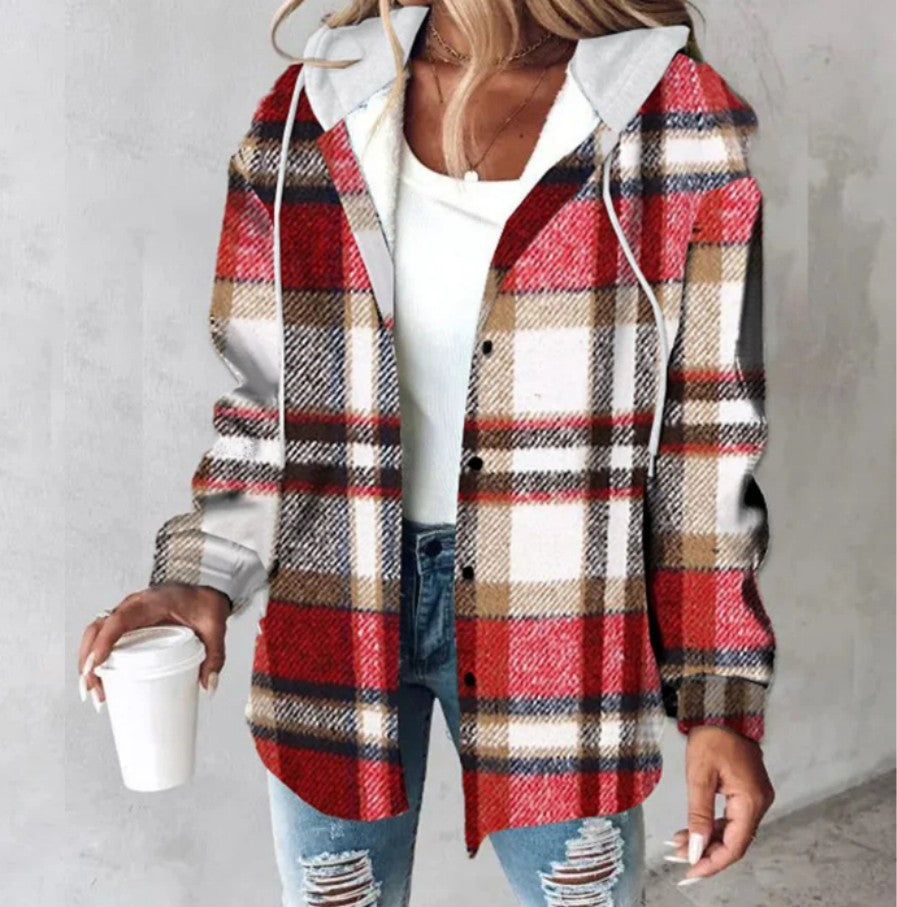 Women’s Plaid Hooded Jacket Casual Button-Up Coat with Pockets for Autumn & Winter