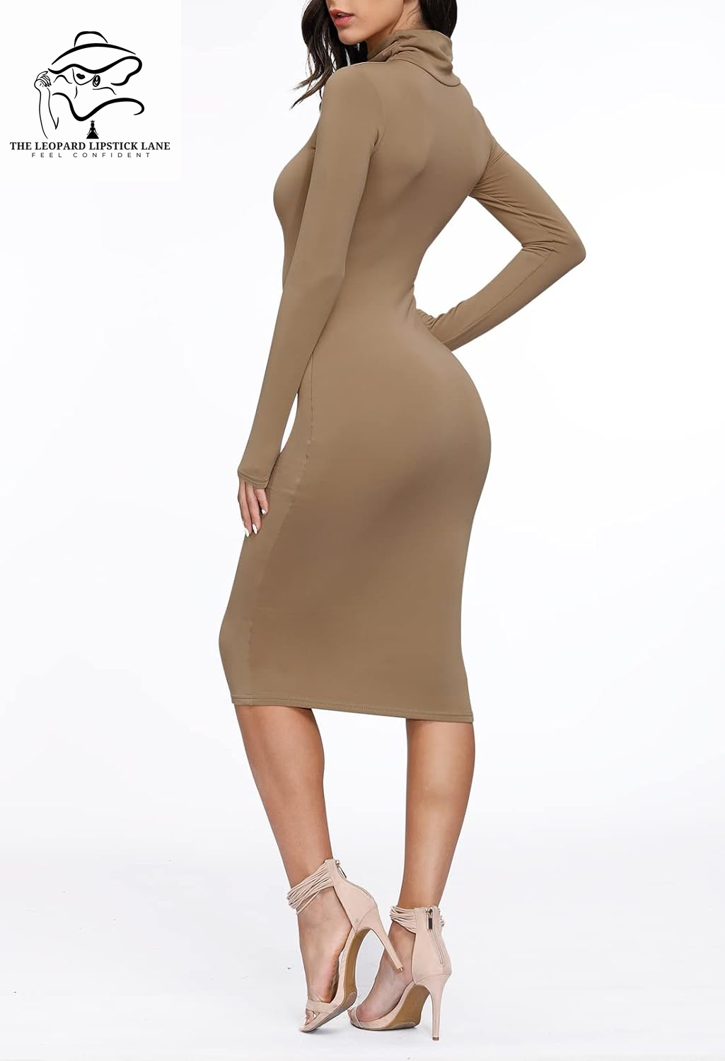 Sexy High Neck Long Sleeve Bodycon Midi Dress