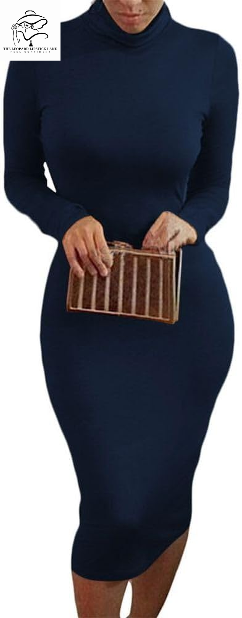 Sexy High Neck Long Sleeve Bodycon Midi Dress