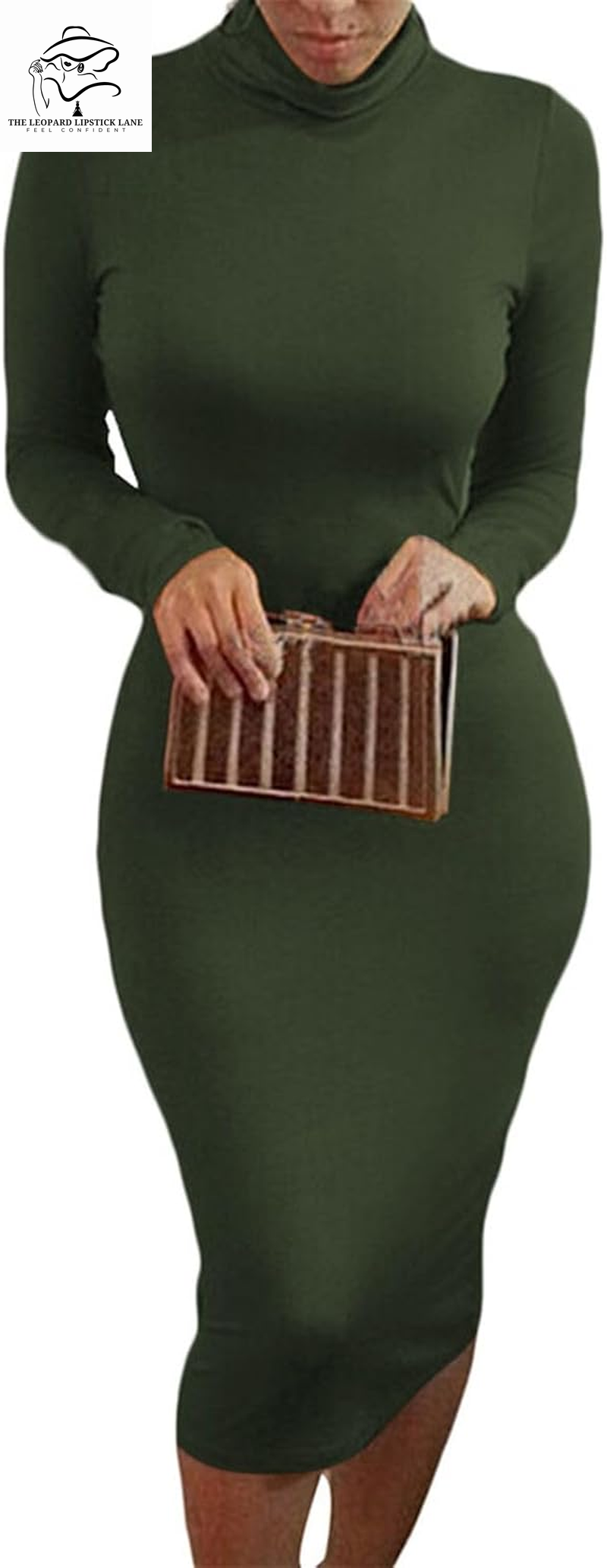 Sexy High Neck Long Sleeve Bodycon Midi Dress