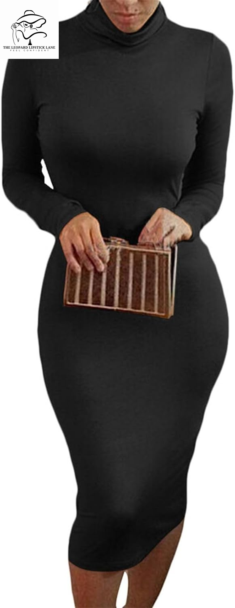 Sexy High Neck Long Sleeve Bodycon Midi Dress