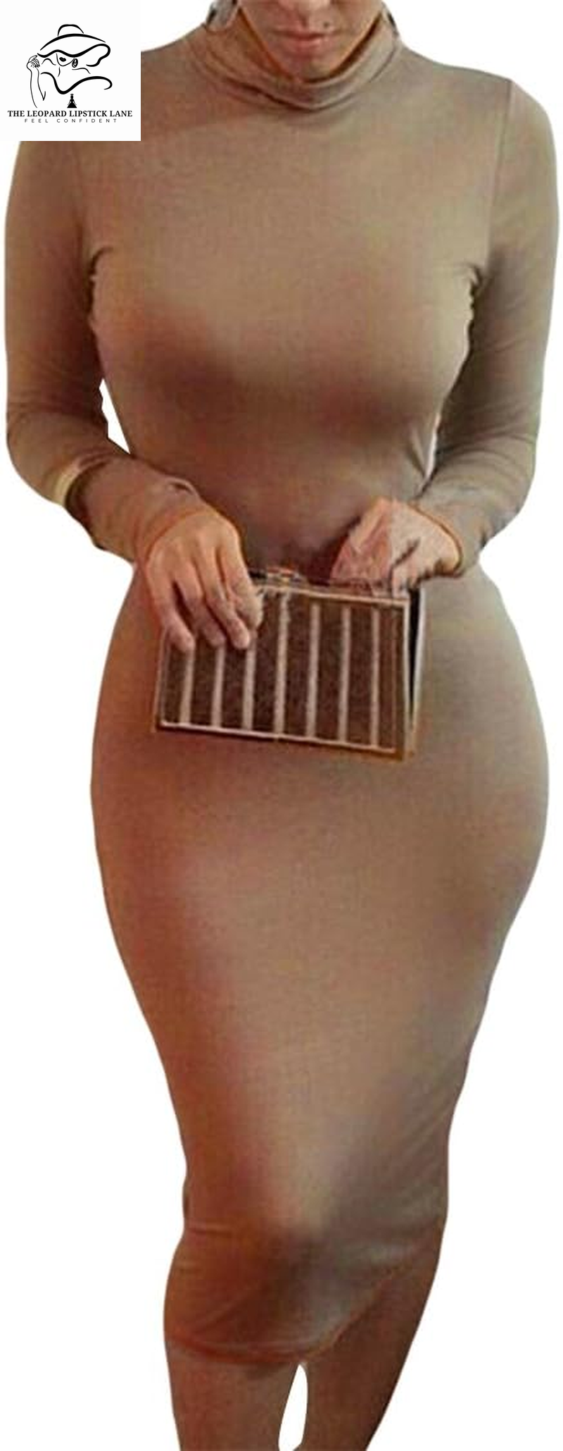 Sexy High Neck Long Sleeve Bodycon Midi Dress