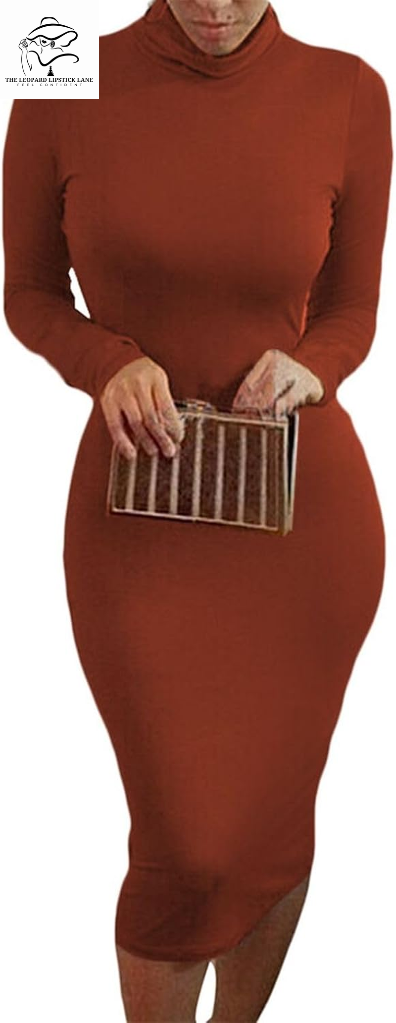 Sexy High Neck Long Sleeve Bodycon Midi Dress