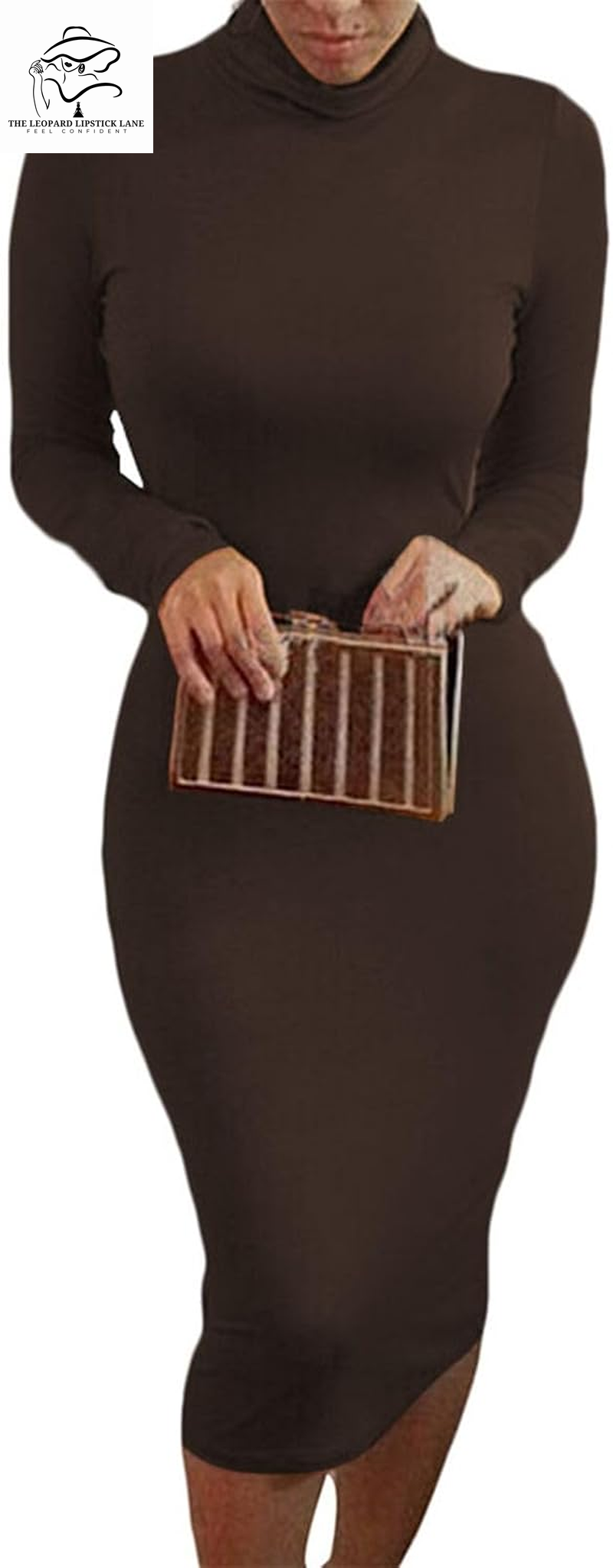 Sexy High Neck Long Sleeve Bodycon Midi Dress