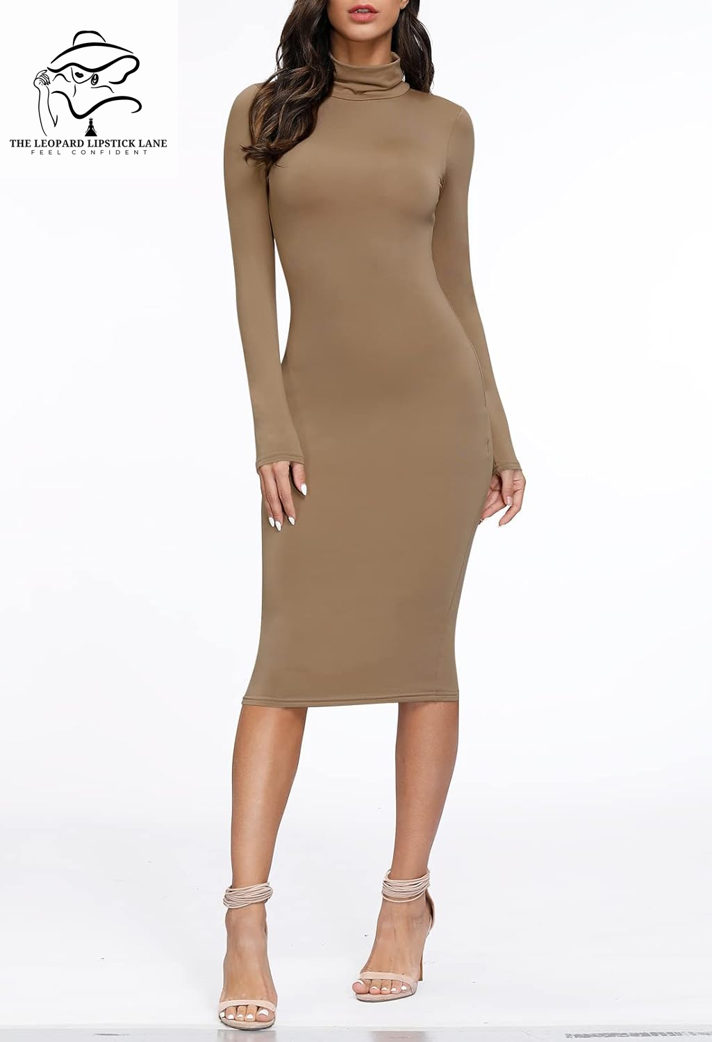 Sexy High Neck Long Sleeve Bodycon Midi Dress