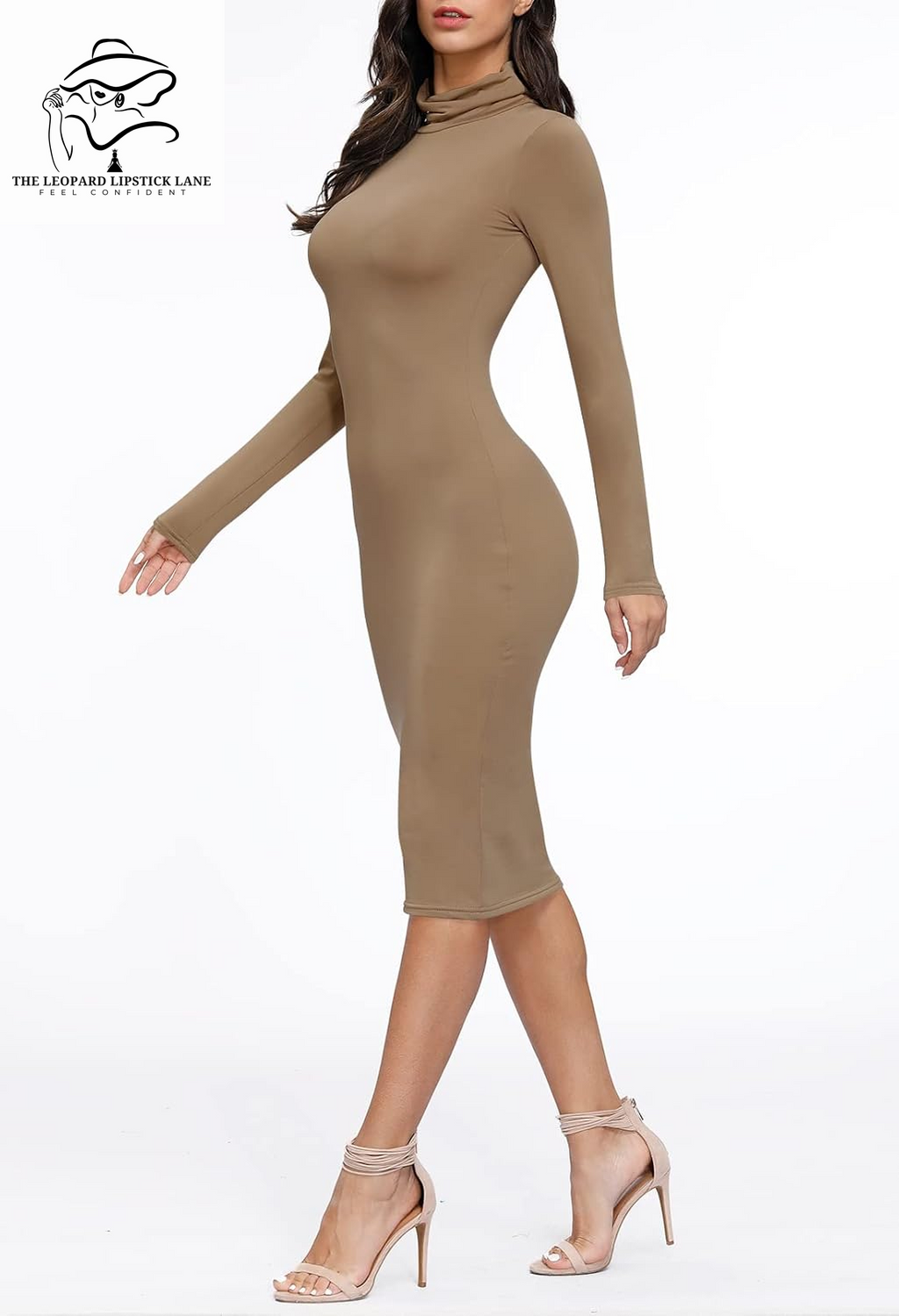 Sexy High Neck Long Sleeve Bodycon Midi Dress