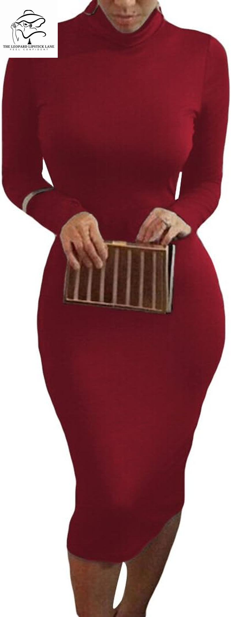 Sexy High Neck Long Sleeve Bodycon Midi Dress